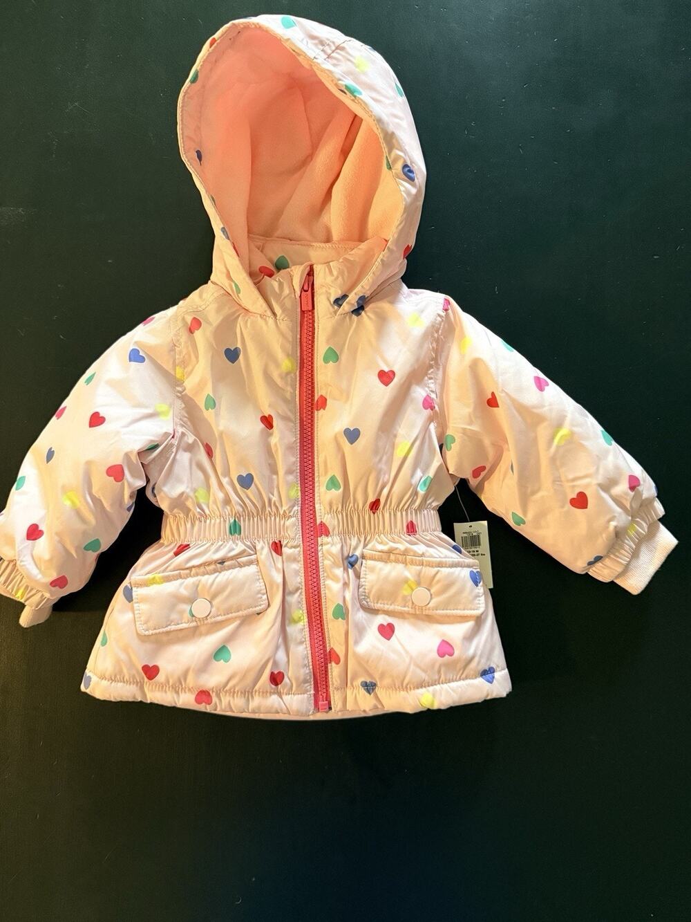 Old Navy Baby Girls 12-18 Months Heart Print Hooded Puffer Jacket Pink Coat